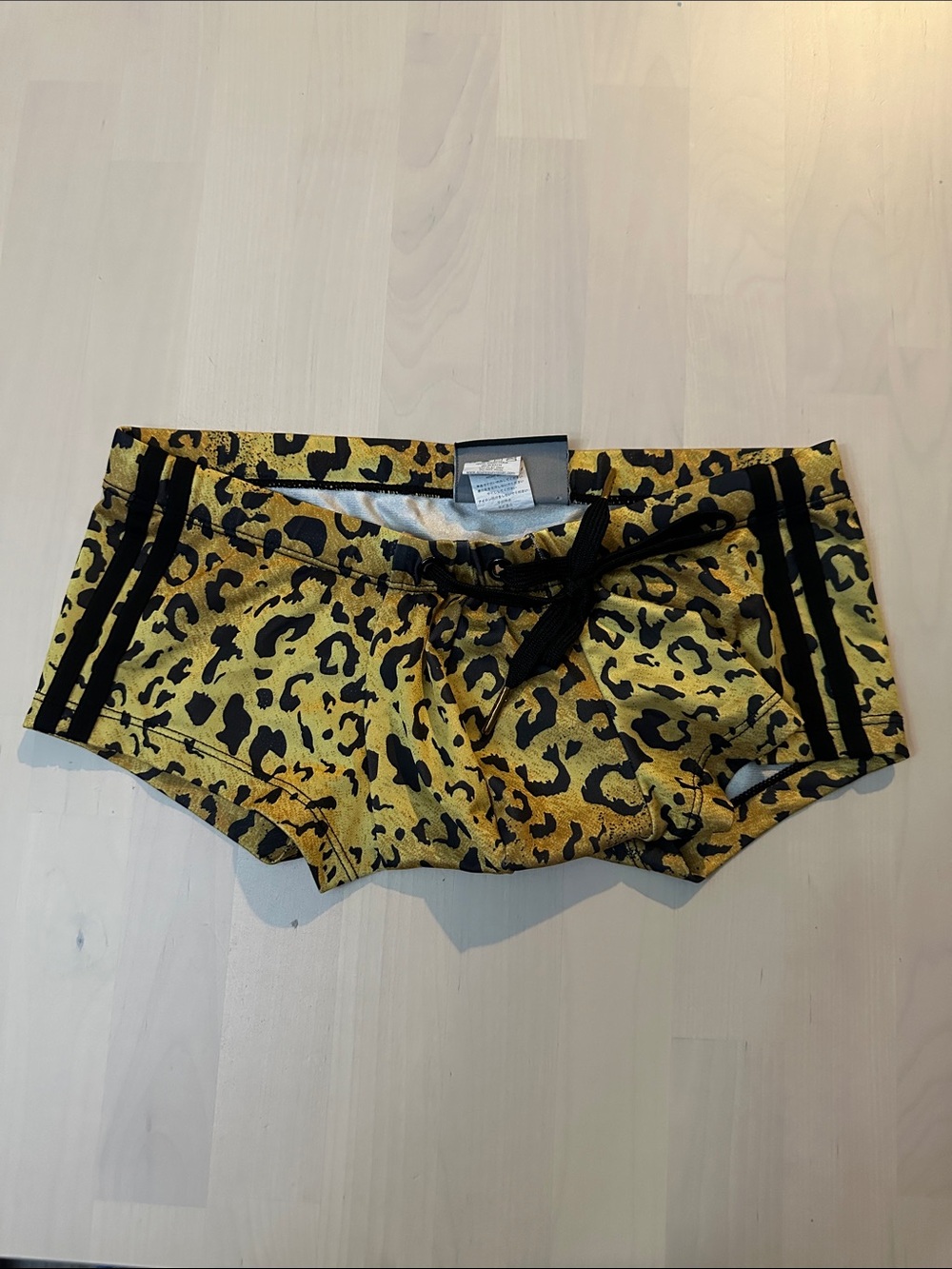 Andrew Christian Yellow Leopard Print Swim Shorts with Black Trim